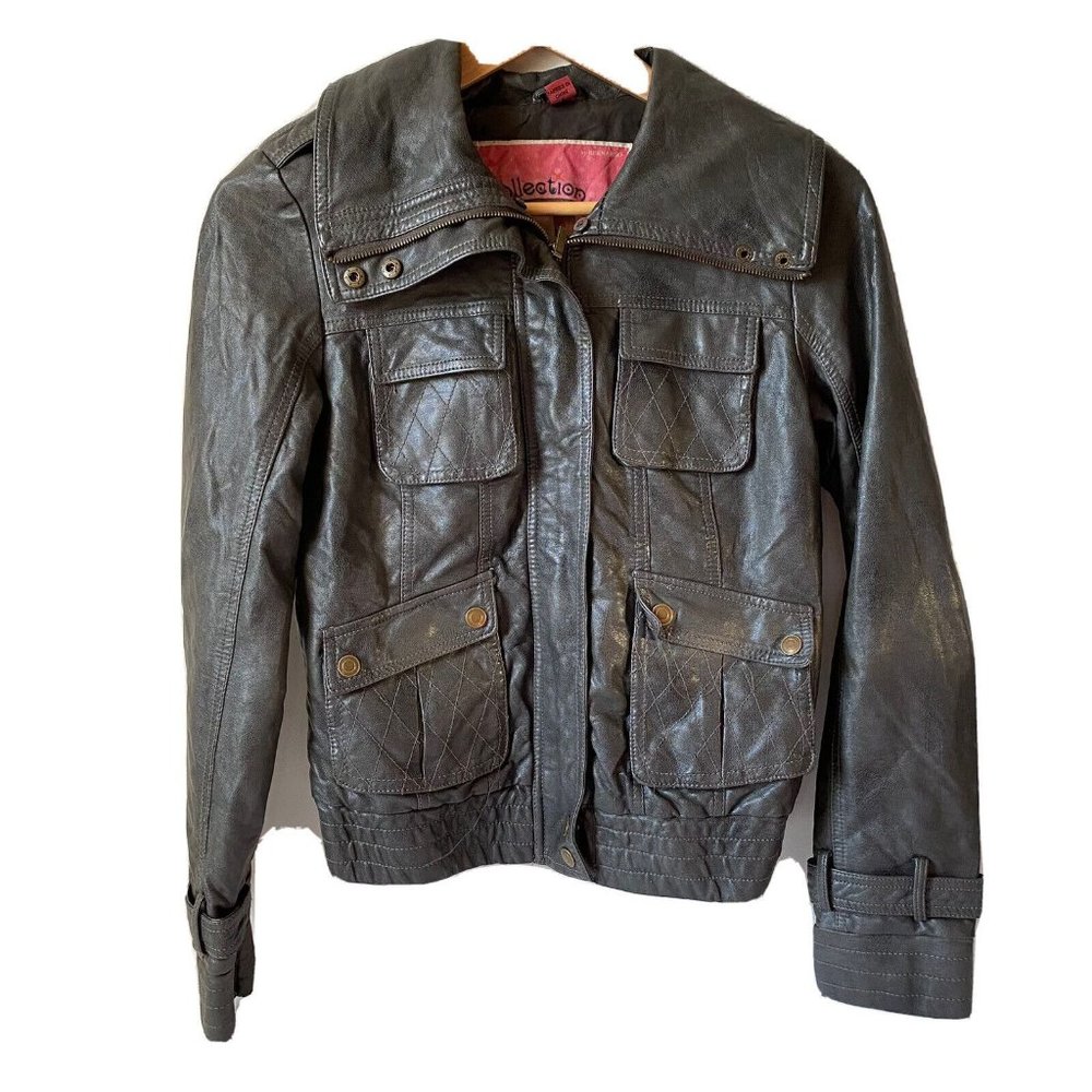 Collection‎ by Bernardo Gray Faux Leather Moto Bomber Jacket Quilted Pockets S